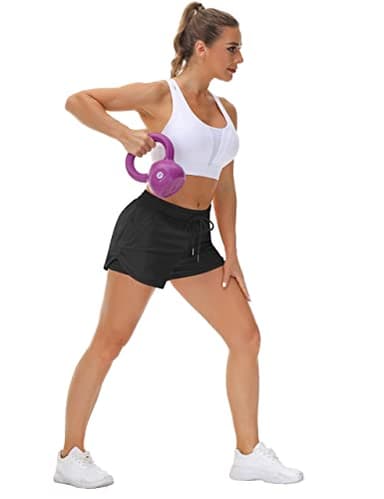 Mancreda Women's Running Shorts with Liner 3 Zipper Pockets Elastic Workout Athletic Gym Yoga Shorts(BK,L) Black - Image 7