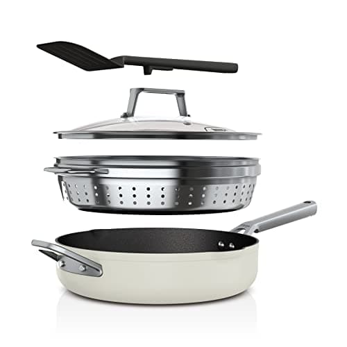Ninja CW102WH Foodi NeverStick PossiblePan, Premium Set with 4-Quart Capacity Pan, Steamer/Strainer Basket, Glass Lid & Integrated Spatula, Nonstick, Durable & Oven Safe to 500°F, Vanilla Bean - Image 1