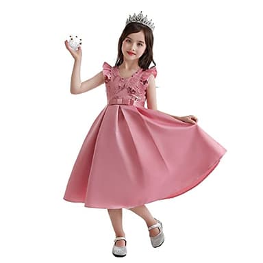 AIMJCHLD Teenages Girls Ball Gowns Flower Girl Dress Kids Children Country Party Formal Special Performance Dress Baptism Graduation Bowknot Party Dresses Size 8 9 Years (Bean Powder 150) - Image 2