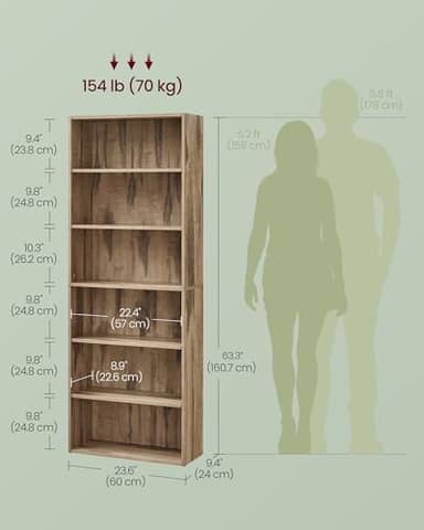 VASAGLE Custos Collection - Bookshelf, 6-Tier Bookcase, Book Shelf, Open Storage Shelf, 9.4 x 23.6 x 63.3 Inches, for Living Room, Home Office, Dinning Room, Camel Brown ULBC166T50 - Image 3