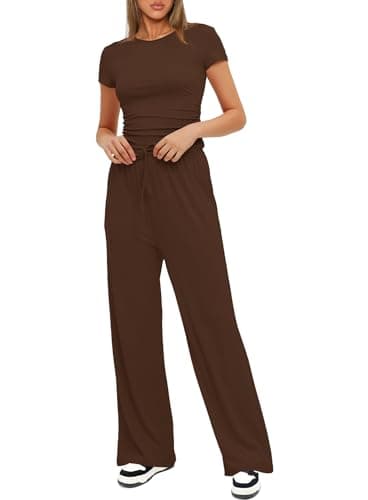 Darong Women's Two Piece Outfits Lounge Sets Ruched Short Sleeve Pullover Tops and High Waisted Pants Tracksuit Sets 9042A Coffee S - Image 4