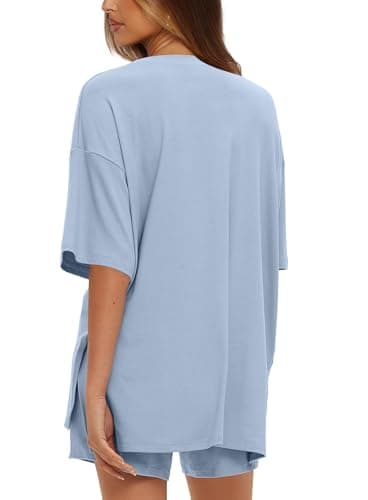 Darong Womens 2 Piece Lounge Sets 2025 Summer Travel Outfits Casual Short Sleeve Oversized Tshirts Tops Drawstring Shorts 9121 Blue L - Image 4