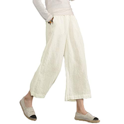 Womens Cotton Cropped Pants Loose Fit Wide Leg Capri Casual Plus Size Elastic Waist Trousers White 3XL - Image 1