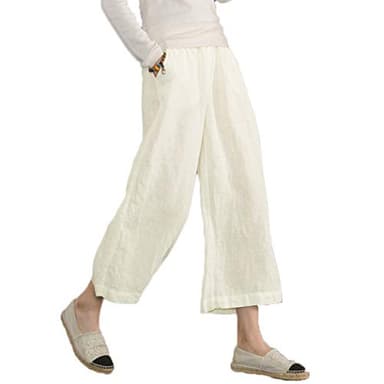 Womens Cotton Cropped Pants Loose Fit Wide Leg Capri Casual Plus Size Elastic Waist Trousers White 3XL - Image 1