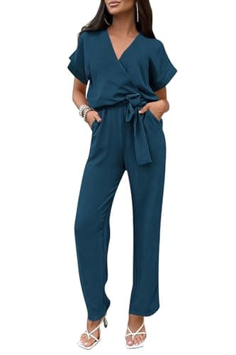 PRETTYGARDEN Women One Piece Outfits Casual Wrap V Neck Short Sleeve Pants Jumpsuits Rompers (Dark Blue,Large) - Image 1
