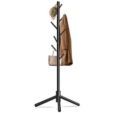 Unisakey Durable Wooden Coat Rack, Freestanding Coat Rack with Stable Triangular Base, 8 Hooks & 3 Adjustable Heights, Simple Assembly for Bedroom, Hallway, Office(New Black) - Image 1