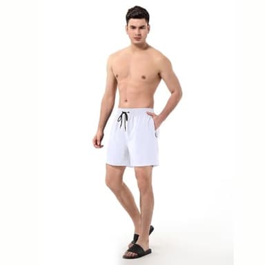 FREDRM Men's Swim Trunks with Compression Liner Quick Dry Bathing Suit Stretch Beach Board Shorts with Zipper Pockets (A-White, M) - Image 4