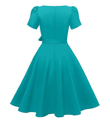 tagunop Women's Boatneck Vintage 1950s Cocktail Party Dress with Puff Sleeves Turquoise L - Image 2