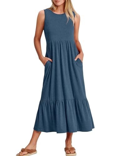 ANRABESS Women Summer Casual Sleeveless Crewneck Sundress Aline Flowy Tiered Maxi Long Beach Dress Vacation Outfits XX-Large Blue - Image 1