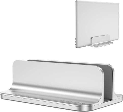 OMOTON Vertical Laptop Stand Holder, Desktop Aluminum Stand for MacBook with Adjustable Dock Size, Fits All MacBook, Surface, Chromebook and Gaming Laptops (Up to 17.3 inches), Silver - Image 1