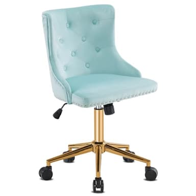 VINGLI Light Blue Armless Home Office Desk Chair with Gold Base/Wheels, Small Cute Vanity/Makeup Chair with Back for Bedroom, Upholstered Adjustable Rolling Swivel Nail Chair for Women/Girls - Image 9