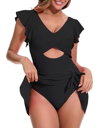MFAVIP Women One Piece Swim Dress Tummy Control Swimsuits V Neck Ruffle Bathing Suit Cutout Wrap Side Tie Swimwear with Skirt Black - Image 5