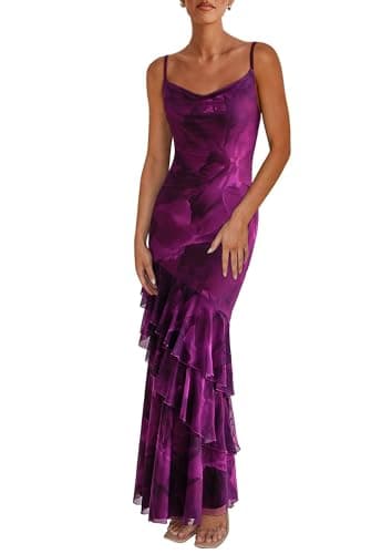 PRETTYGARDEN Maxi Dresses for Women 2025 Summer Tiered Floral Beach Sundress Spaghetti Strap Wedding Guest Long Dress (Print Purple,X-Small) - Image 1
