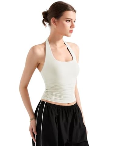SUUKSESS Women Halter Tank Tops Double Lined Basic Backless Y2K Trendy Going Out Tops (Cream White,S) - Image 2