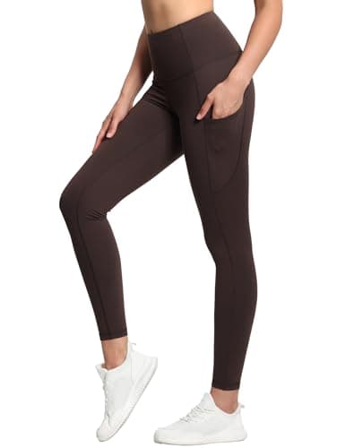 THE GYM PEOPLE Thick High Waist Yoga Pants with Pockets, Tummy Control Workout Running Yoga Leggings for Women Brown - Image 1
