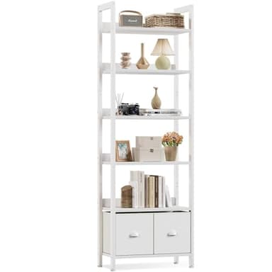 Furologee White 6 Tier Bookshelf with Drawers, Tall 71" Bookcase with Shelves, Modern Wood and Metal Bookshelves Storage Organizer, Display Free Standing Shelf Unit for Bedroom, Living Room, Office - Image 1