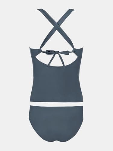 CUPSHE Women's Tankini Set Two Piece Swimsuit Mid Rise V Neck Crisscross Adjustable Straps Cutout Ruched, M Grey - Image 7