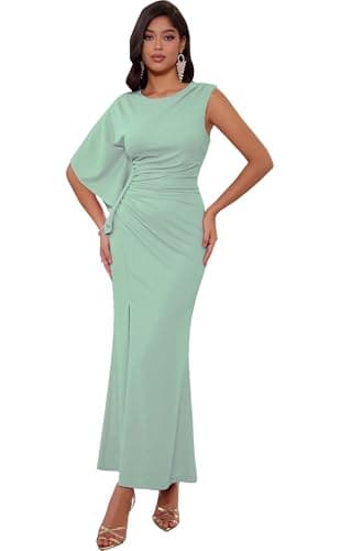 Angel-fashions Women's Elegant Crew Neck Evening Gown with Flowy Asymmetrical Sleeve Draped Waist and Slit Formal Dress for Lignt Green Weddings & Special Occasions Size 10 - Image 1