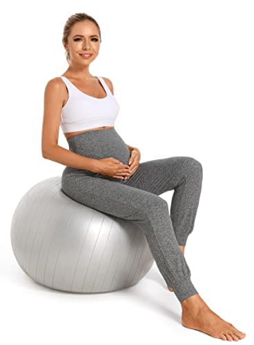 V VOCNI Women's Maternity Pants Maternity Activewear Jogger Track Cuff Sweatpants Over The Belly Stretchy Pregnancy Pants Black&Grey,Large - Image 6