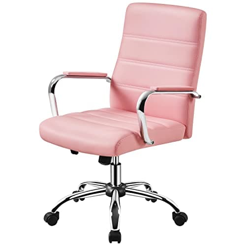 Yaheetech Mid-Back Office Chair with Arms Swivel PU Leather Height Adjustable Office Executive Chair, Pink - Image 1