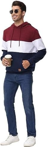 Yundobop Men's Pullover Hoodies Plaid Jacquard Long Sleeve Drawstring Hipster Casual Hooded Sweatshirts with Kanga Pockets - Image 3