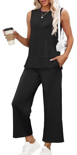 XIEERDUO 2 Piece Outfits for Women Casual Summer Sleeveless Tracksuit Spring Travel Vacation Lounge Set Wide Leg Loungewear Women's Resort Wear Black Clothing M - Image 1