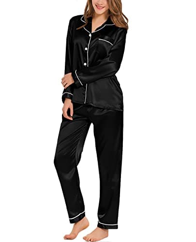SWOMOG Womens Silk Satin Pajamas Long Sleeve Loungewear Two-piece Sleepwear Button-Down Pj Set (Large, Black) - Image 1