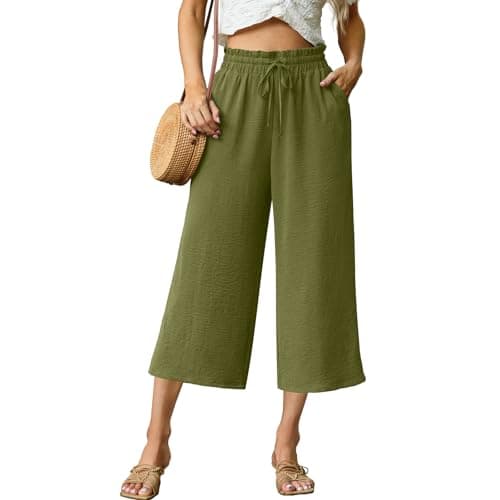 FREEOAK Ladies Summer Capris with Pockets High Waist Wide Leg Flowy Cropped Pants Casual Beach Palazzo Style Army Green Size Medium - Image 1