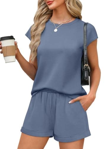 WIHOLL Summer Outfits for Women 2025 Trendy Cap Sleeve Tops Plus Size Petite Lounge Sets Spring Comfy Travel Matching Sets Clothing Conjuntos De 2 Piezas Para Mujer Blue L - Image 1