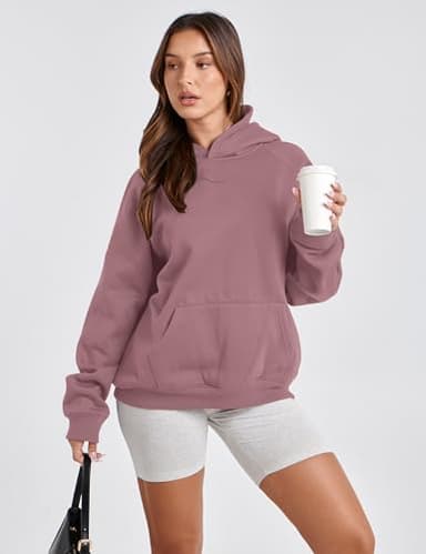 Lauweion Women Solid Basic Fleece Letter Loose Hoodie Sweatshirt Long Sleeve Kangaroo Pocket Drop Shoulder Pullovers Top Light Brown - Image 4