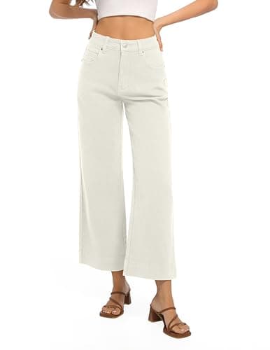Guaile Womens High Waisted Stretchy Jeans - Wide Leg, Baggy, Loose, Trendy Jeans for Women - White - Image 1