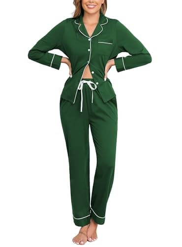 Veseacky 100% Cotton Pajamas for Women Set Long Sleeve Button Down Sleepwear Soft Pjs Lounge Sets with Pockets (Green,M) - Image 1