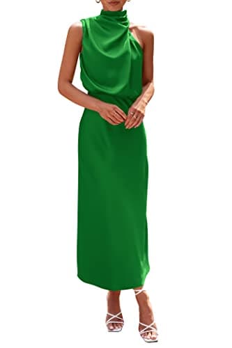 PRETTYGARDEN Women's 2025 Summer Satin Dress Elegant Sleeveless Mock Neck Cocktail Party Maxi Dresses (Bright Green,X-Large) - Image 1