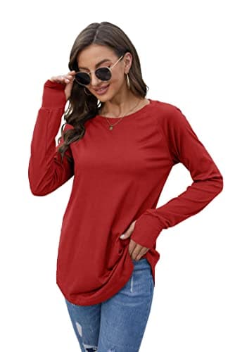 Fisoew Women's Casual Long Sleeve Tops Crew Neck Round Hem Loose T-Shirts Tunic Tops with Thumb Holes Red - Image 4