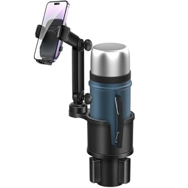 Car Cup Holder Expander Phone Holder with Adjustable Arm and Base, 2 in 1 Phone Mount and CupHolder Adapter with Expandable Base for Most Large Drink Bottle and Fit All 4-7'' Smartphones - Image 1
