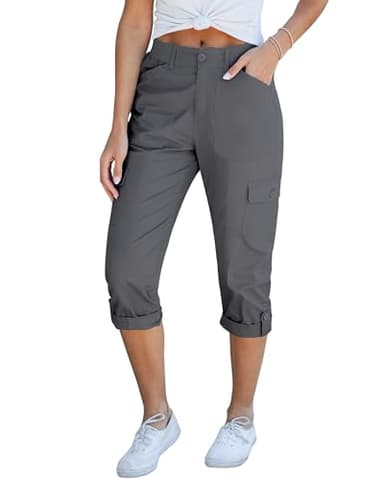 GRAPENT Womens Summer Outfits Elastic Waist Pants for Women Women Pants Casual Women’S Capris Grey Cargo Pants Woman Travel Utility Cargos High Waisted Color Dark Gray Large Size 12 Size 14 - Image 1