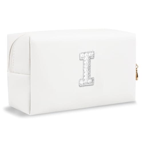 Bride Gifts – Personalized Initial Makeup Bag with Pearl Rhinestone Patch, Preppy White Monogram Cosmetic/Toiletry Pouch, bridesmaid Gifts, Bridal Shower Gifts, Wedding Gifts, Bridal Gifts,I - Image 1