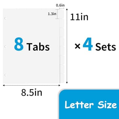 Binder Dividers for 3 Ring Binder, 1/8 Cut Tabs, Letter Size, Blank Write On Page Dividers with 8 Big Tabs for School Office Home, 4 Sets, 32 Dividers, White - Image 3