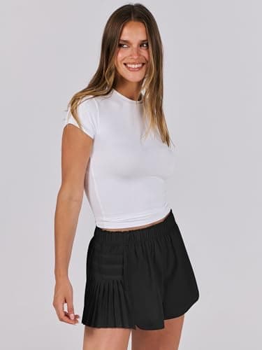 Caracilia Women Running Shorts Flowy Pleated Athletic Shorts Summer High Waisted Tennis Sporty Workout Gym Shorts Solid Black Medium - Image 8