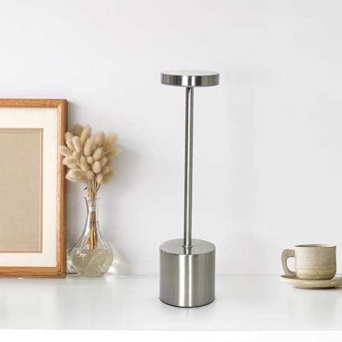 Simple Designs LD1083-SLV 12.75" Mushroom Magic Disc Dimming & Rechargeable Cordless 4-Way Touch Sensor Stick Desk Lamp, Silver - Image 1