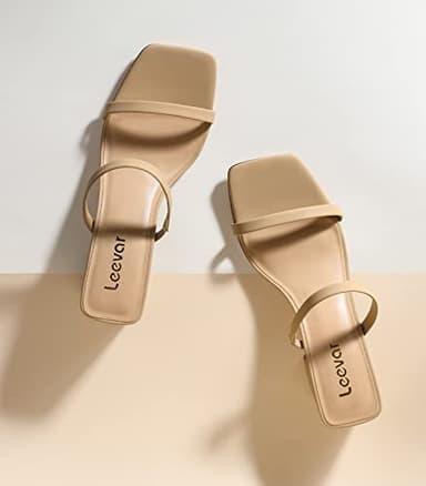 Leevar Square Toe Heeled Sandals for Women,Women's Low Block Heels Sandals,2.25IN Open Toe Ankle Strap Chunky Heels, Nude Nubuck, 7 UK - Image 2