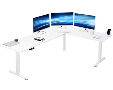VIVO Electric Corner 84 x 63 inch L-Shaped Standing Desk, Memory Height Adjustment, White Top White Frame, DESK-E3CTWW-84 - Image 1