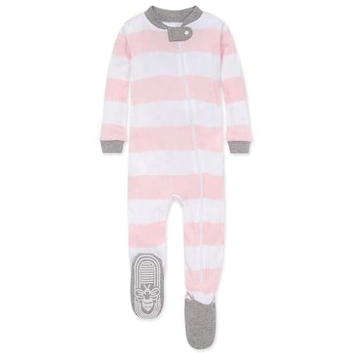 Burt's Bees Baby baby girls Pajamas, Zip Front Non-slip Footed Pjs, 100% Organic Cotton and Toddler Sleepers, Pink Rugby Stripe, 12 Months US - Image 1