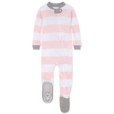 Burt's Bees Baby baby girls Pajamas, Zip Front Non-slip Footed Pjs, 100% Organic Cotton and Toddler Sleepers, Pink Rugby Stripe, 12 Months US - Image 1