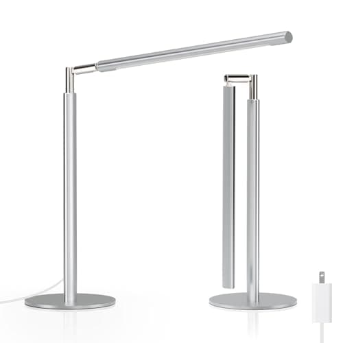 ALFELE Metal Desk Lamp for Home Office - Foldable LED Table Lamp for Reading, 4 Color & 6 Brightness, 15W Dimmable Desk Light with Flexible Arm, Eye-Caring Desktop Lamp for College Dorm, Silver - Image 1