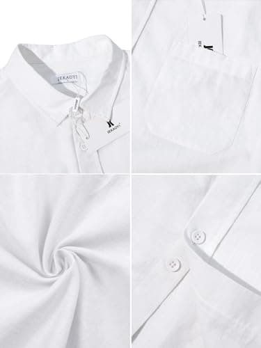 JEKAOYI Button Down Linen Shirts for Men Casual Long Sleeve Regular Fit Cotton Beach Shirts with Pocket White - Image 4