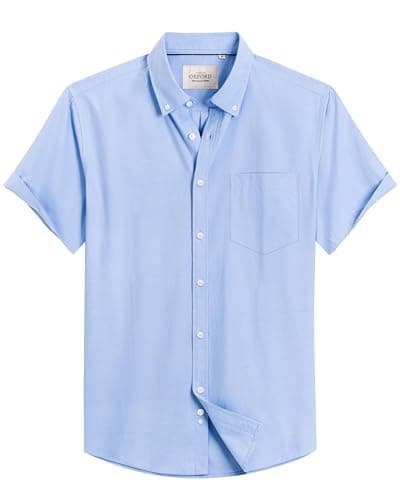 Alimens & Gentle Mens Short Sleeve Oxford Shirt Regular Fit Button Down Collar Shirts with Pocket Light Blue - Image 1