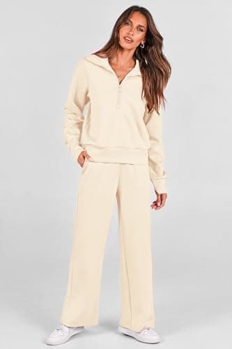 PRETTYGARDEN Women's 2 Piece Outfits Casual Lapel Half Zip Sweatshirts And Wide Leg Pants Tracksuit Sets (Beige,X-Small) - Image 5