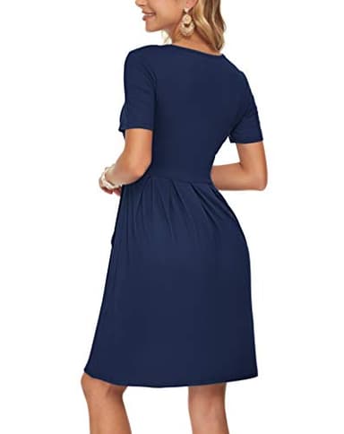 AUSELILY Women's Short Sleeve Summer Dress Pleated Button Down Knee Length Dresses with Pockets 2025 New New Navy Blue M - Image 5