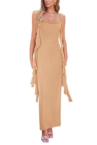 PRETTYGARDEN Women's 2025 Summer Wedding Guest Dress Sleeveless Ruffle Formal Cocktail Party Maxi Bodycon Dresses (Apricot,Large) - Image 1